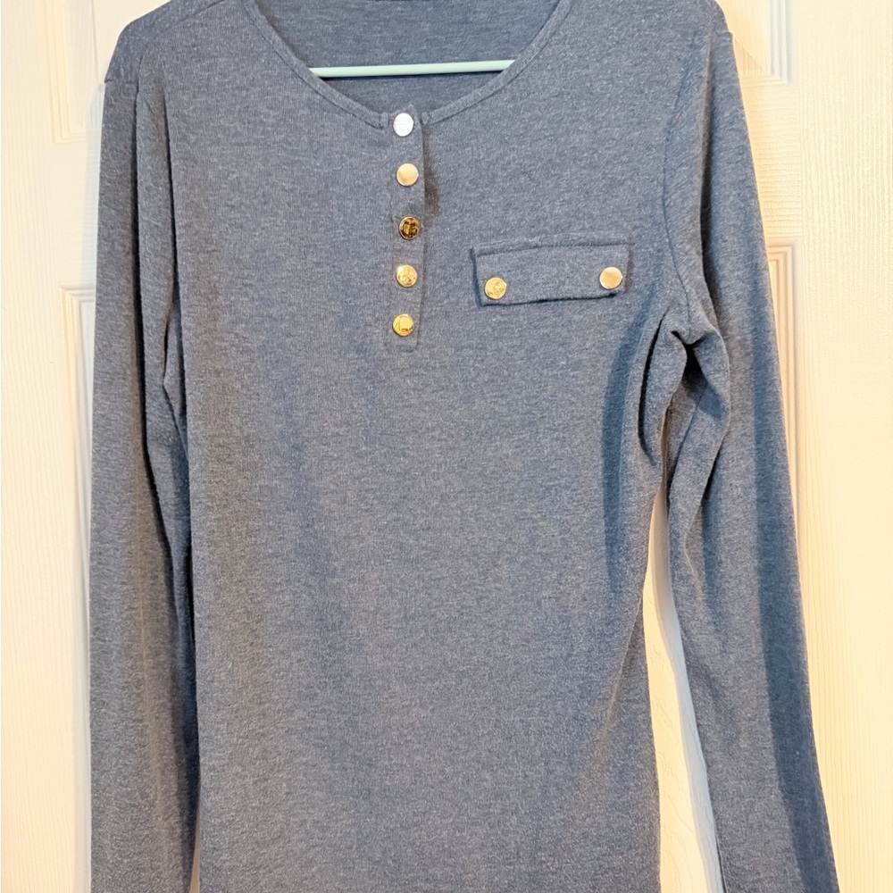 Blue/Gray Long Sleeve Henley Top with Gold Buttons